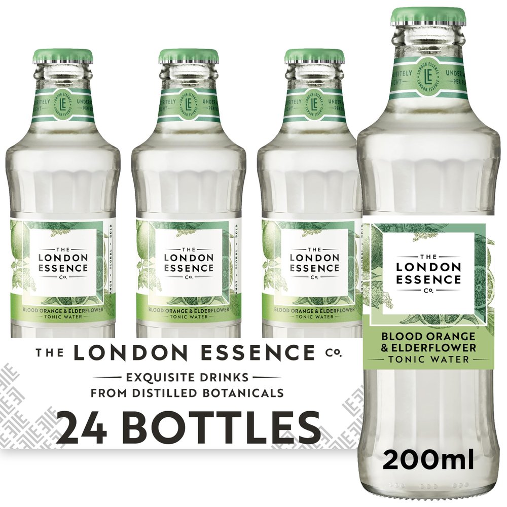 The London Essence Co. Blood Orange & Elderflower Tonic, Premium Cocktail Mixer, 200ml, Pack of 24 bottles, No Artificial Colours Preservatives or flavours, Low Calorie