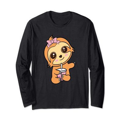 Cute Pink Kawaii Boba Bubble Tea Milk Tea Lover Gift Sloth Long Sleeve T-Shirt