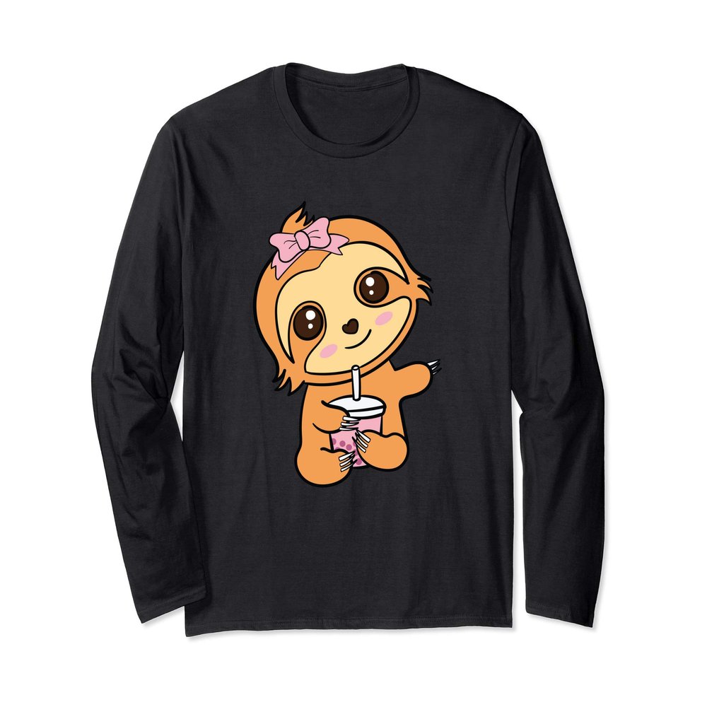Cute Pink Kawaii Boba Bubble Tea Milk Tea Lover Gift Sloth Long Sleeve T-Shirt