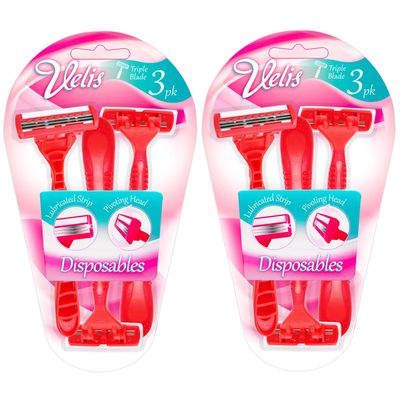 6pk Womens Triple Blade Ultra Razors | Three Razor Blade Design System | Womens Reusable Razors with Rubber Handles and Texture Grips by Velis