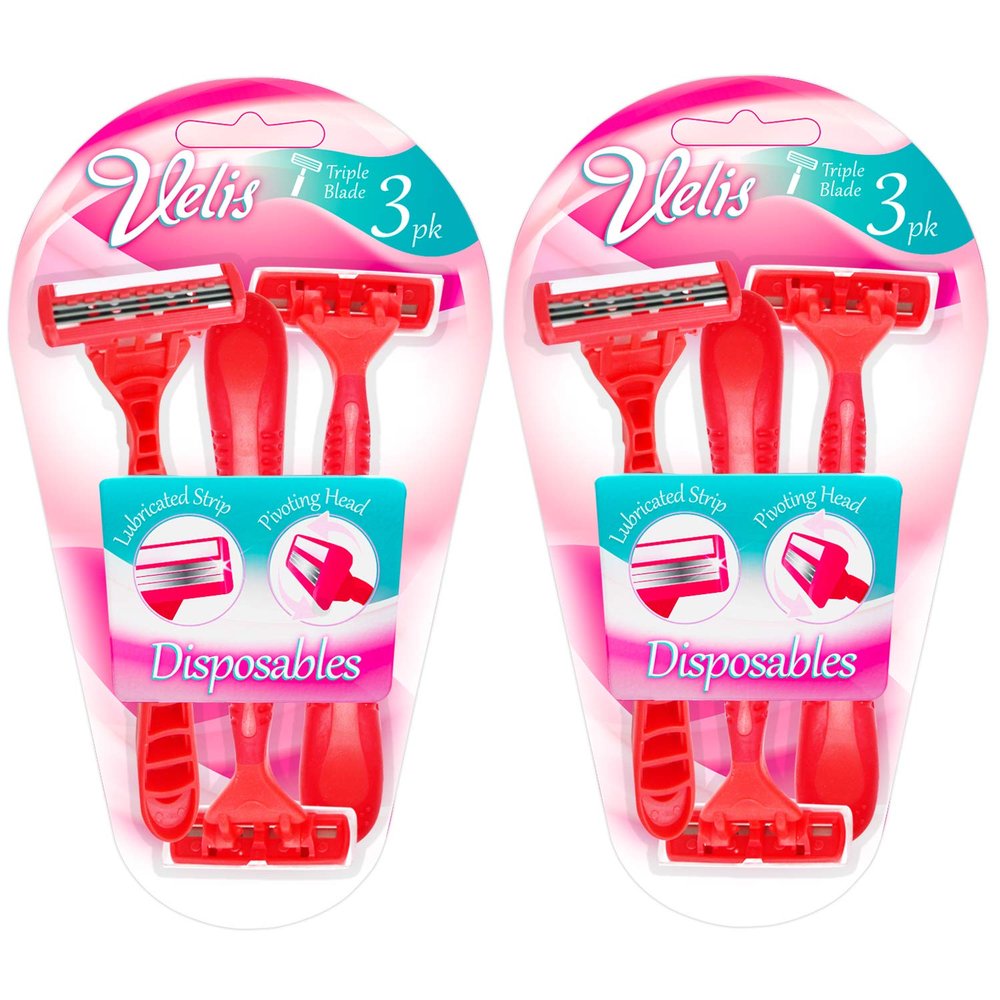 6pk Womens Triple Blade Ultra Razors | Three Razor Blade Design System | Womens Reusable Razors with Rubber Handles and Texture Grips by Velis