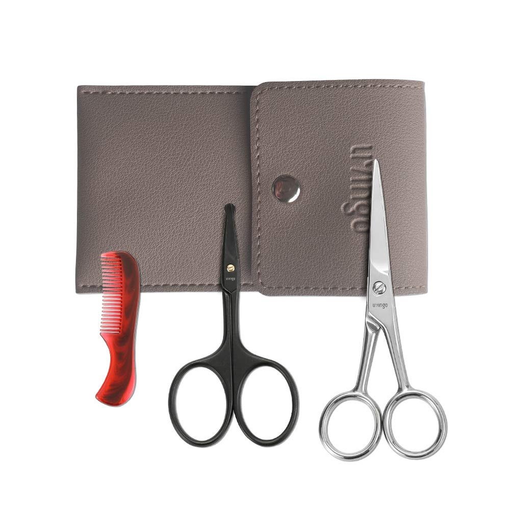 LIVINGO Beard Mustache Scissors for Men, Professional Rounded Tip Safety Sharp Stainless Steel Small Beauty Facial Nose Hair Trimming Shears Kit with Mini Comb and Leather Case