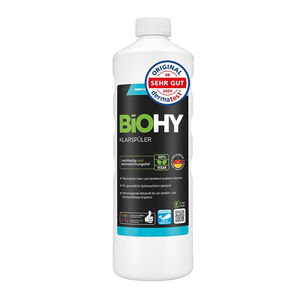 BiOHY Rinse Aid (1l Bottle) | Ecological high concentrate | Suitable for all (commercial) dishwashers, for unbeatable shine on glasses | BIO-logically degradable (Klarspler)