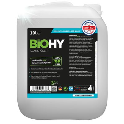 BiOHY Rinse Aid (10l Canister) | Ecological high Concentrate | Suitable for All (Commercial) dishwashers, for Unbeatable Shine on Glasses | BIO-logically degradable (Klarspler)