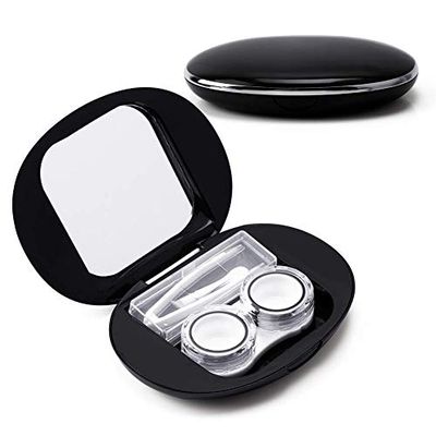 ofone Contact Lens Case, Cute Contact Lens Holder Oval Contact Lenses Travel Case with Removal Tool Mirror and Tweezers Contacts Container Storage Kit for Women and Girl (Black)