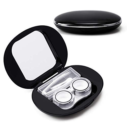 ofone Contact Lens Case, Cute Contact Lens Holder Oval Contact Lenses Travel Case with Removal Tool Mirror and Tweezers Contacts Container Storage Kit for Women and Girl (Black)