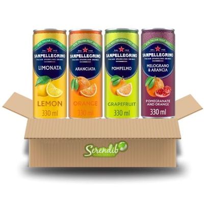 San Pellegrino Fizzy Soft Drink Mixed Case of 24 (330ml Cans) - Lemon, Orange, Grapefruit, Orange & Pomegranate with free 230g Gallacto Sweet chilli sauce by Serendib