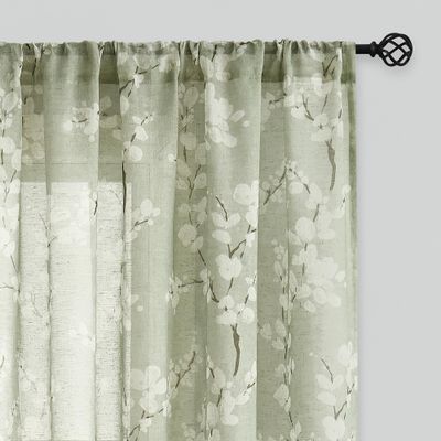 Fmfunctex Green-White Sheer Curtains for Living-Room 84" Long Blossom Print on Flax Linen Blend Window Curtain Panels 50" w x 2 Pc, Sage Rod Pocket