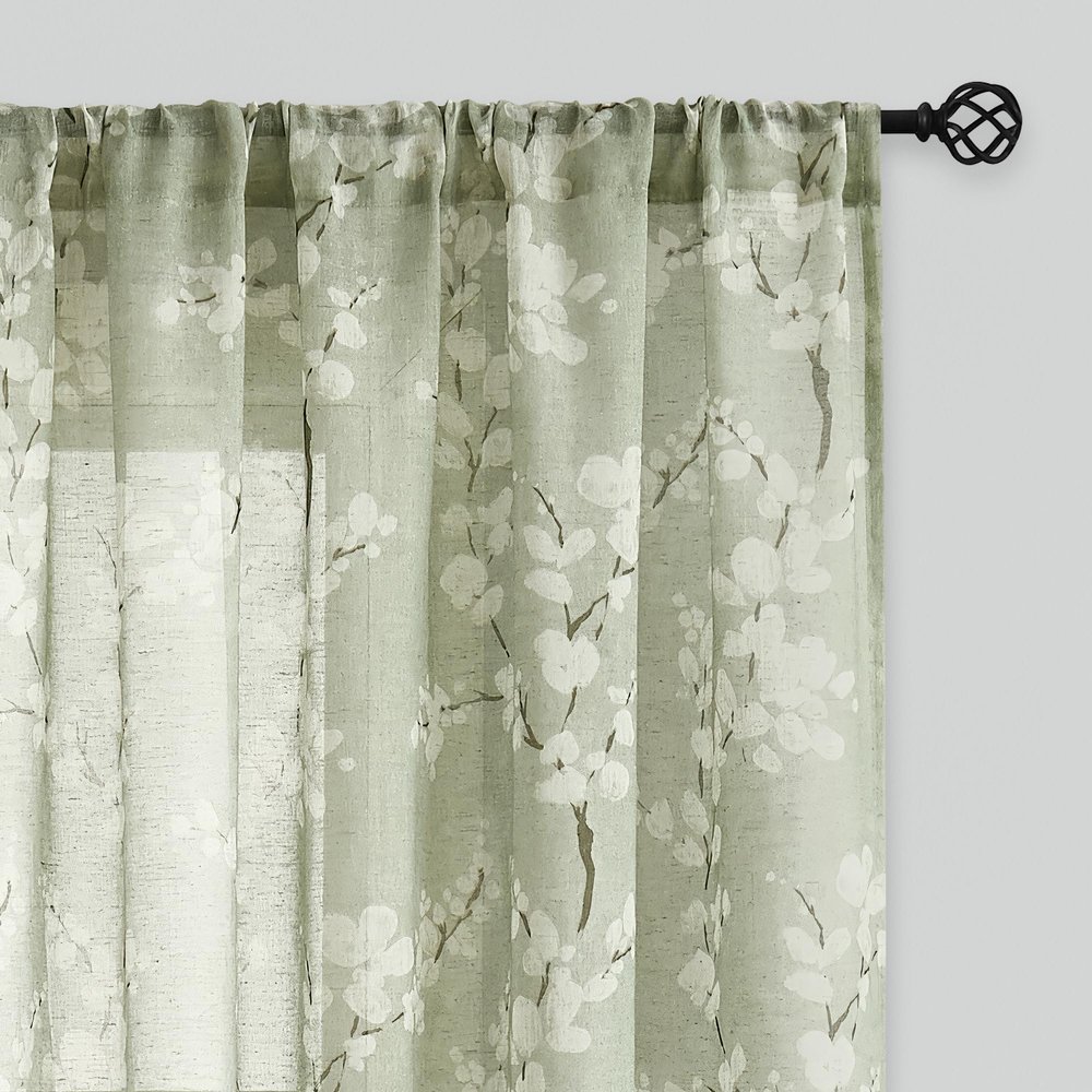 Fmfunctex Green-White Sheer Curtains for Living-Room 84" Long Blossom Print on Flax Linen Blend Window Curtain Panels 50" w x 2 Pc, Sage Rod Pocket