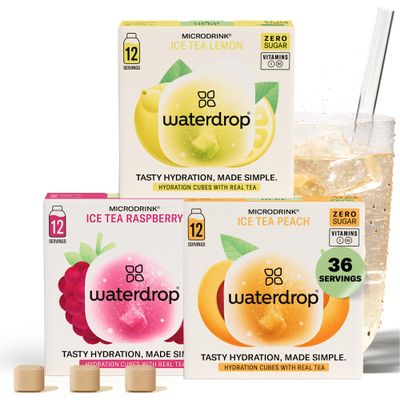 waterdrop Microdrink Iced Tea Set | 36 Ice Tea Drops Cubes | Zero Sugar Powder | 3 Fruity Varieties: Black Tea + Peach, Green Tea + Lemon, Black Tea + Raspberry | Valuable Vitamins