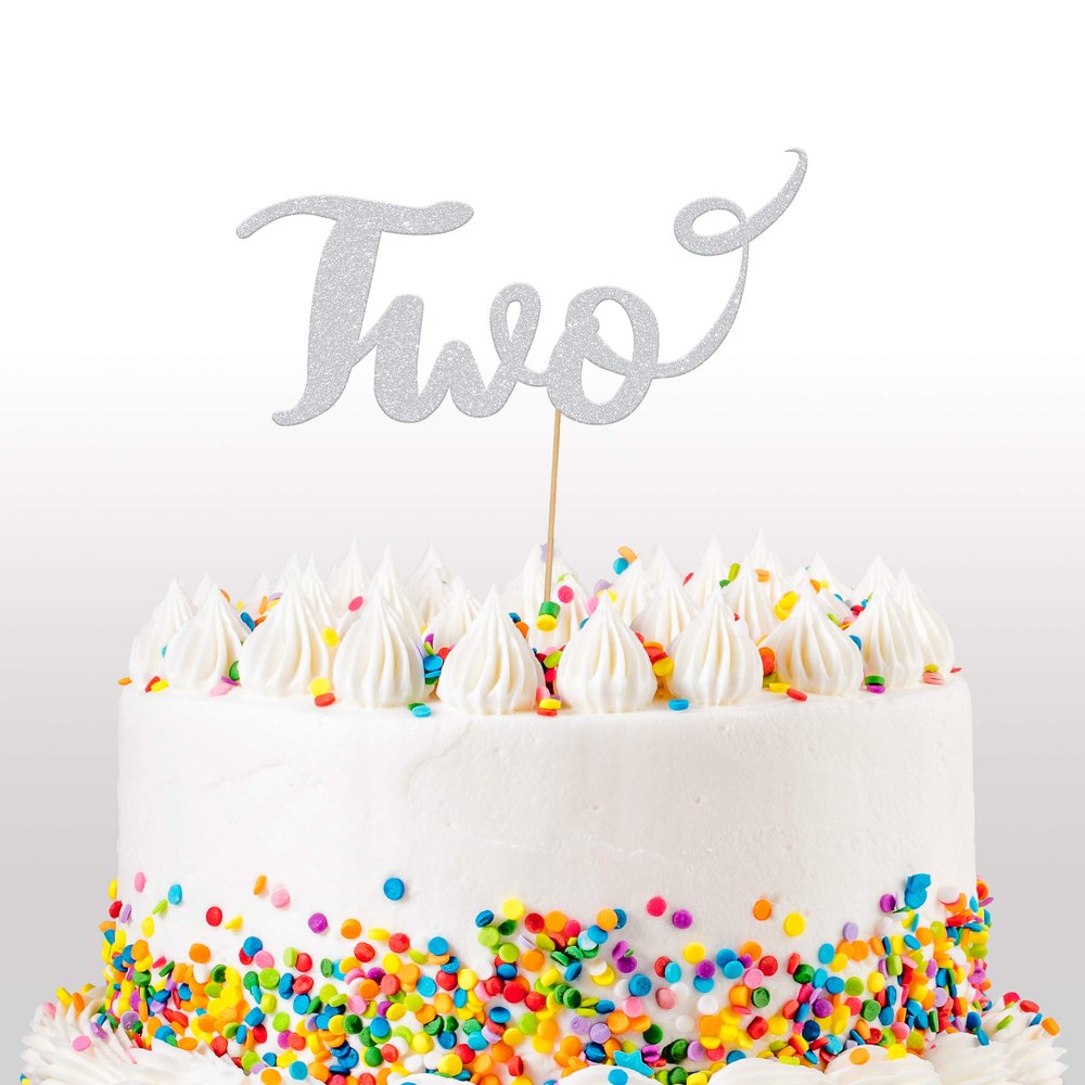 Cakeshop 2nd Birthday Glitter Cake Topper, Age 2 Cake Topper Decoration, 2nd Anniversary - Double Sided 400gsm Glitter Card, Choice 14 of Colours and Loads of Styles (Light Silver)