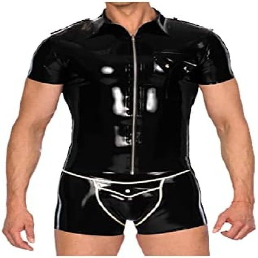 100% Latex Short Slevees Black Tight Top and Boxer Shorts-Orange,Yellow,S