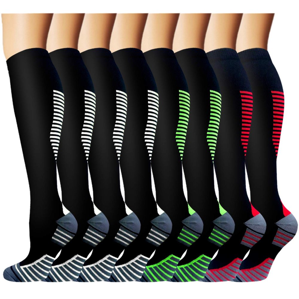 8 Pack Knee High Compression Socks For Men & Women-Best For Running,Athletic,Medical,Pregnancy and Travel -15-20mmHg (S/M, 8 Pairs Multicoloured)