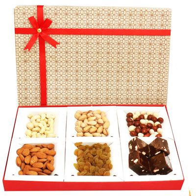 Ghasitaram Gifts Diwali Gifts Diwali Chocolates - Beige 6 Part Nutties, Chewy Fudge, Dryfruits Box