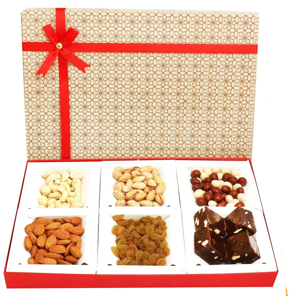 Ghasitaram Gifts Diwali Gifts Diwali Chocolates - Beige 6 Part Nutties, Chewy Fudge, Dryfruits Box