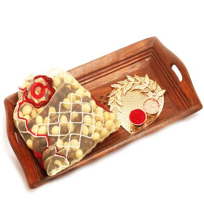 Ghasitaram Gifts Diwali Gifts Diwali Chocolates - Small Wooden Serving Tray with Nutties Pouch and Pooja Thali