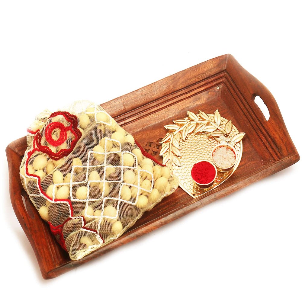Ghasitaram Gifts Diwali Gifts Diwali Chocolates - Small Wooden Serving Tray with Nutties Pouch and Pooja Thali