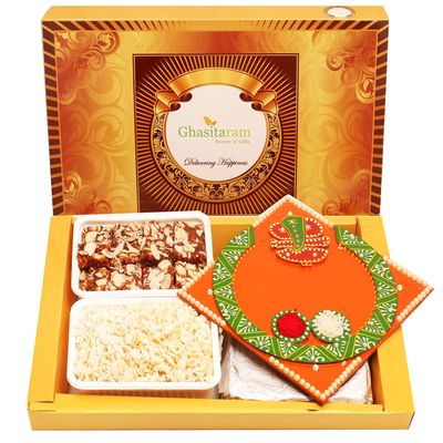 Ghasitaram Gifts Diwali Gifts Big Box of Sugarfree Bites, Diet Chiwda and Orange Ganesha Pooja Thali