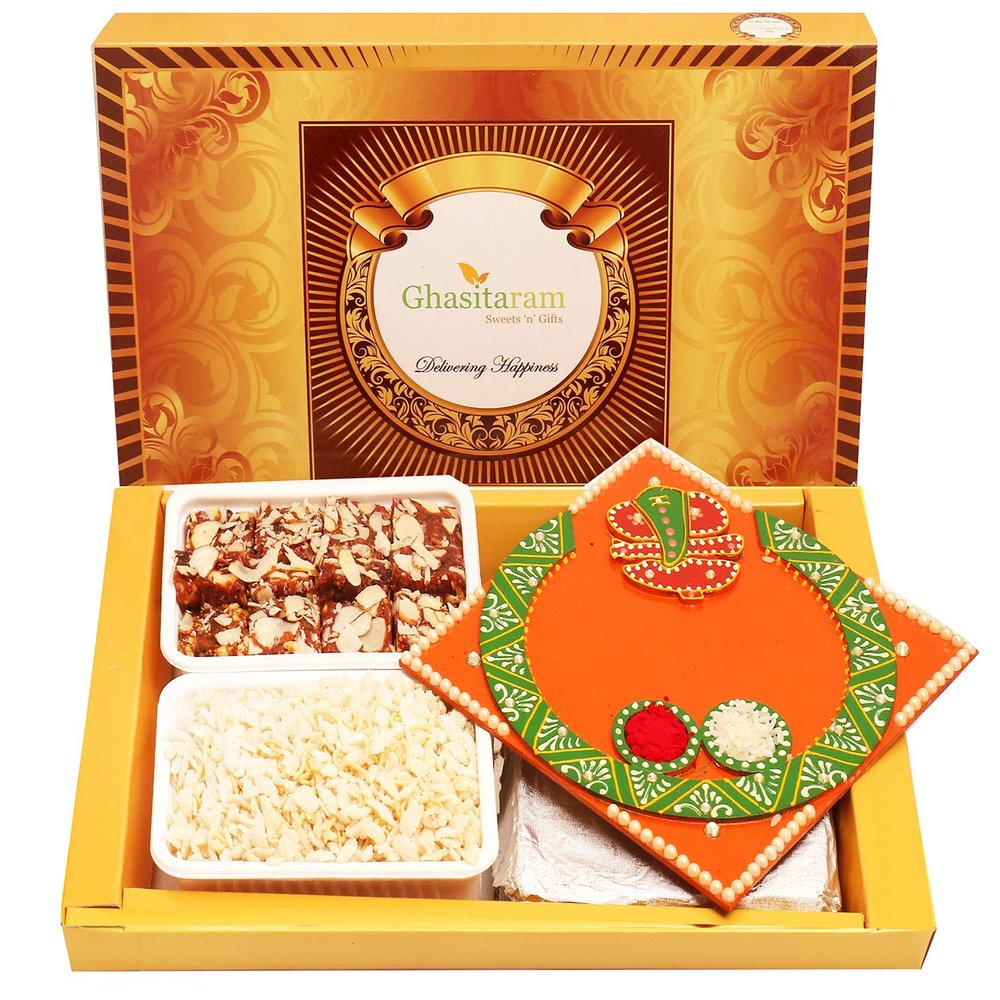 Ghasitaram Gifts Diwali Gifts Big Box of Sugarfree Bites, Diet Chiwda and Orange Ganesha Pooja Thali