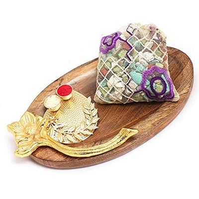Ghasitaram Gifts Diwali Gifts Diwali Chocolates - Wooden Platter with Pooja Thali and Stone Chocolate Pouch