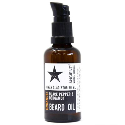 Ancient Wisdom 50ml Natural Beard Oil - Roman Gladiator with Black Pepper and Bergamot - enhance your beard in a lotion pump bottle