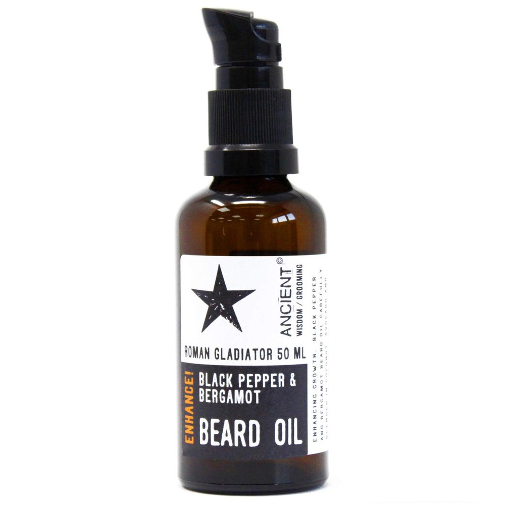 Ancient Wisdom 50ml Natural Beard Oil - Roman Gladiator with Black Pepper and Bergamot - enhance your beard in a lotion pump bottle