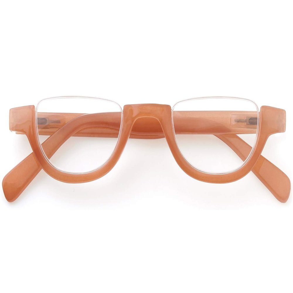 GAWK Type F Burnt Orange Brown Semi-Rimless Half-Moon Retro Reading Glasses with Pouch Case