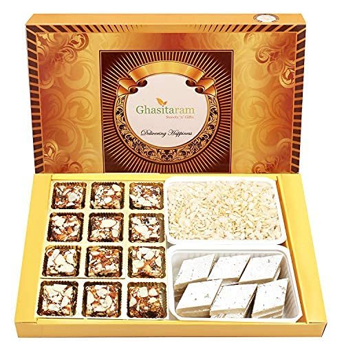 Ghasitaram Gifts Diwali Gifts Big Box of 12 Pcs Sugarfree Bites, Sugarfree Kaju Katli and Diet Chiwda