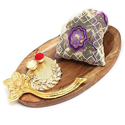 Ghasitaram Gifts Diwali Gifts Wooden Platter with Pooja Thali and Sugarfree Dates and Figs Bites Pouch