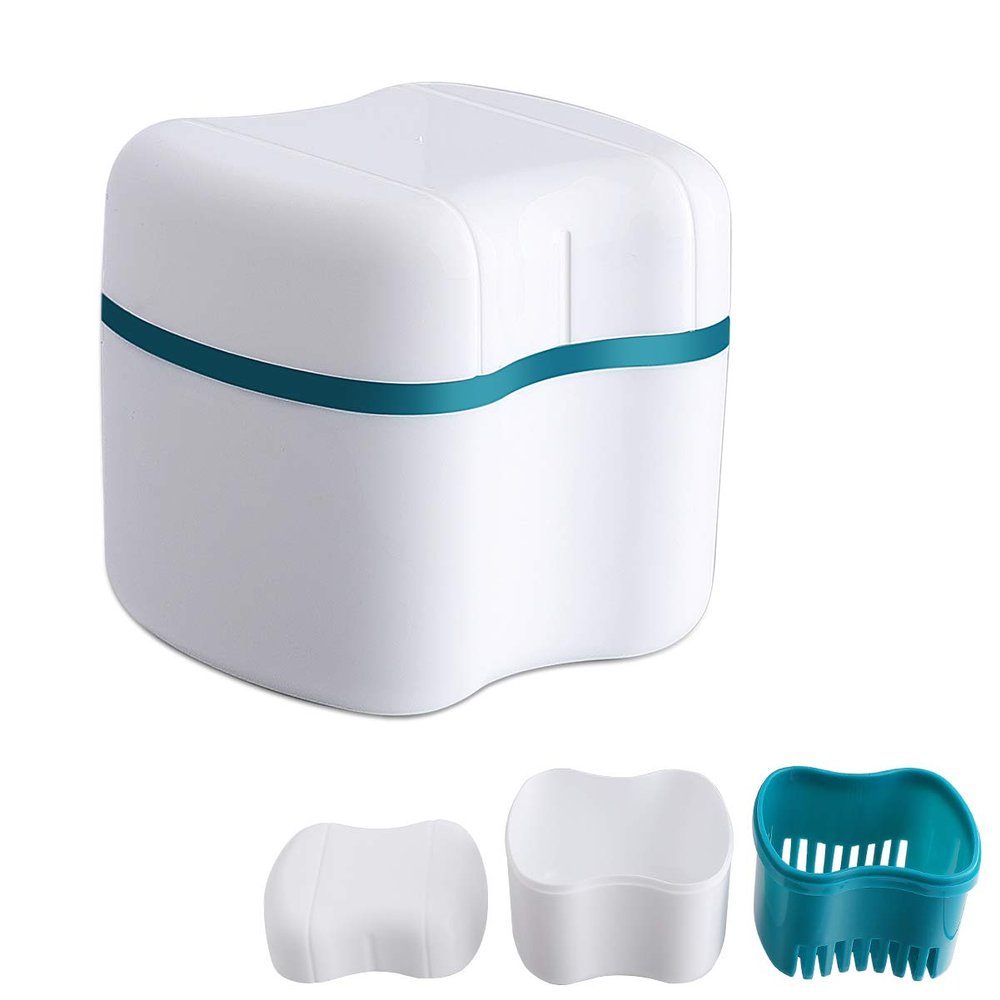 Denture Bath Case with Basket Denture Bath Cleaning Box Container Soaking Cup Cleaner Retainer Case Holder for Dentures for False Teeth
