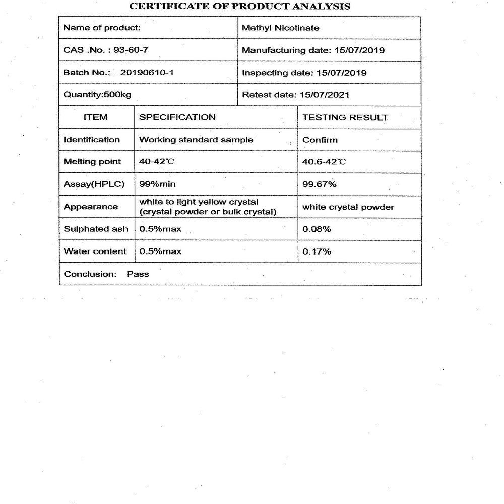100 Grams Methyl Nicotinate 99.67% Powder CAS# 93-60 - 7