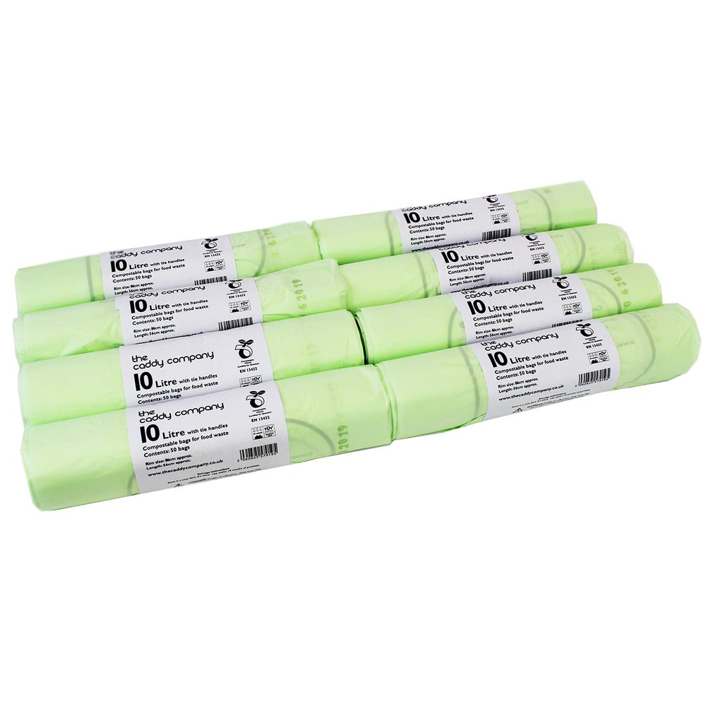 10L x 400 Tie Handle Compostable Kitchen Caddy Liners - Large Food Waste Bin Liners - EN 13432-10 Litre Tie-Handle Bags with Composting Guide