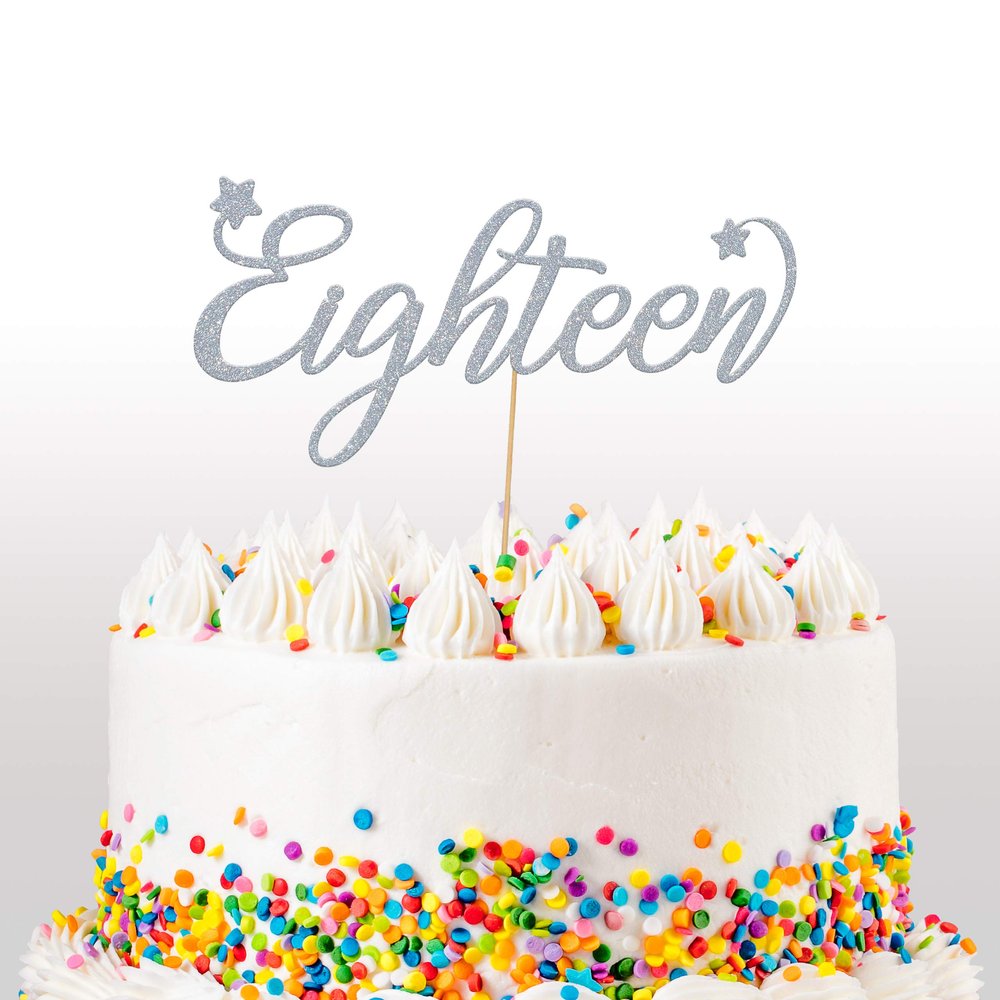 Cakeshop 18th Birthday Glitter Cake Topper, Age 18 Cake Topper Decoration, 18th Anniversary - Double Sided 400gsm Glitter Card, Choice 14 of Colours and Loads of Styles (Dark Silver)