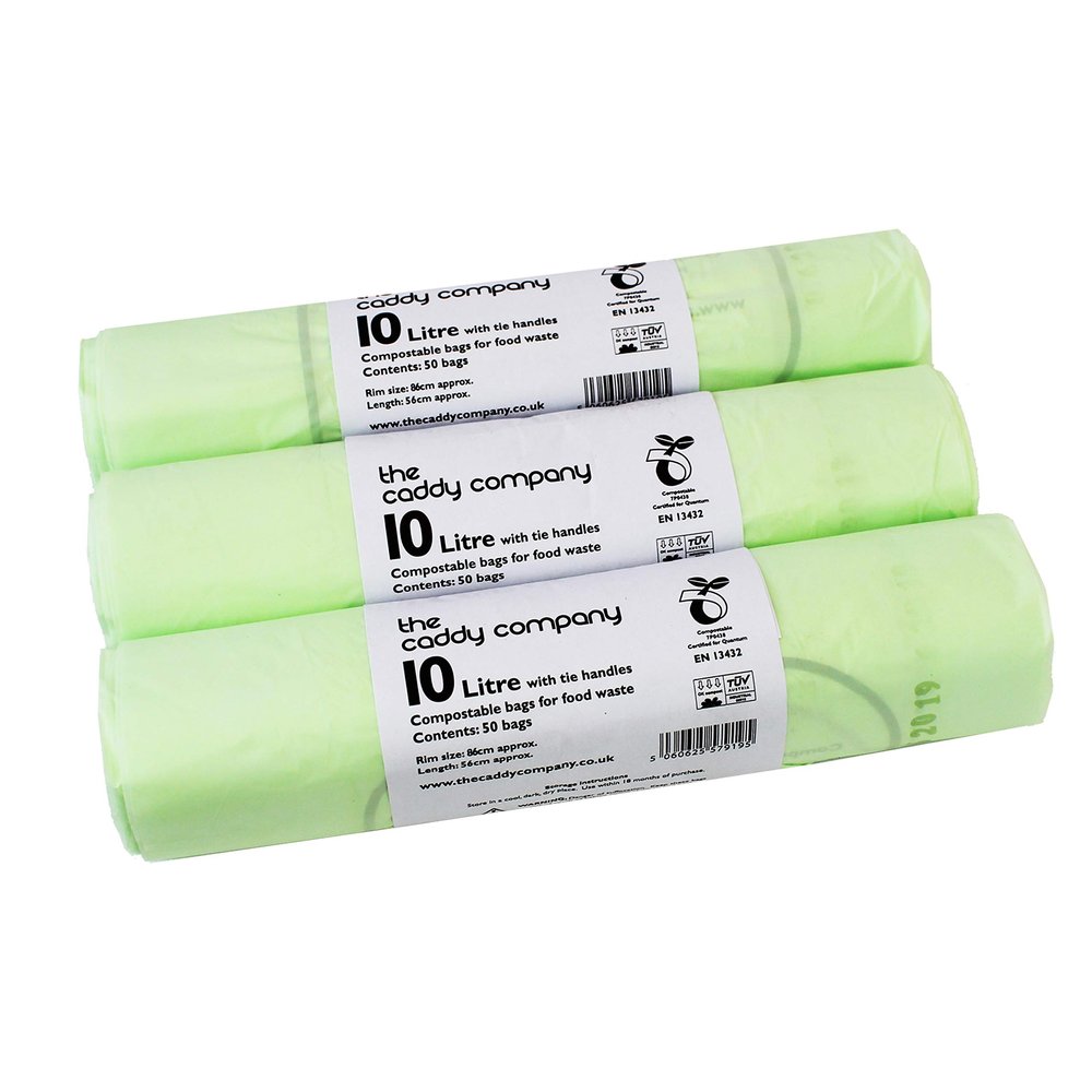 10L x 150 Tie Handle Compostable Kitchen Caddy Liners - Large Food Waste Bin Liners - EN 13432-10 Litre Tie-Handle Bags with Composting Guide