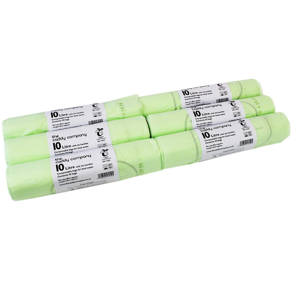 10L x 300 Tie Handle Compostable Kitchen Caddy Liners - Large Food Waste Bin Liners - EN 13432-10 Litre Tie-Handle Bags with Composting Guide