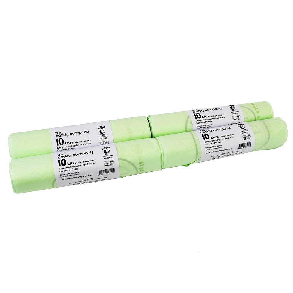 10L x 200 Tie Handle Compostable Kitchen Caddy Liners - Large Food Waste Bin Liners - EN 13432-10 Litre Tie-Handle Bags with Composting Guide