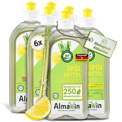 AlmaWin Organic Washing Up Liquid Lemon (6 x 500 ml)