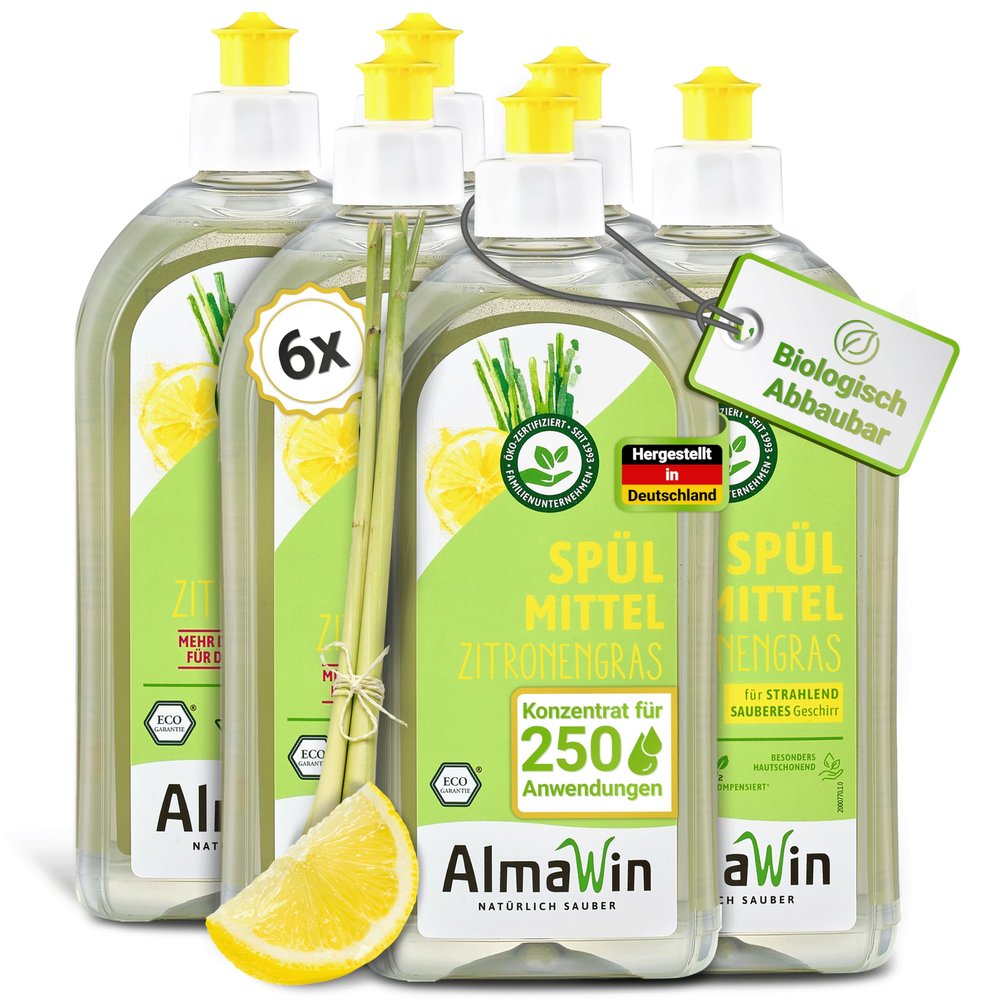 AlmaWin Organic Washing Up Liquid Lemon (6 x 500 ml)