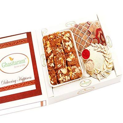 Ghasitaram Gifts Bhaidooj Gifts Bhaidooj Sweet - Dodha Barfi, Pooja Thali and Almonds Pouch