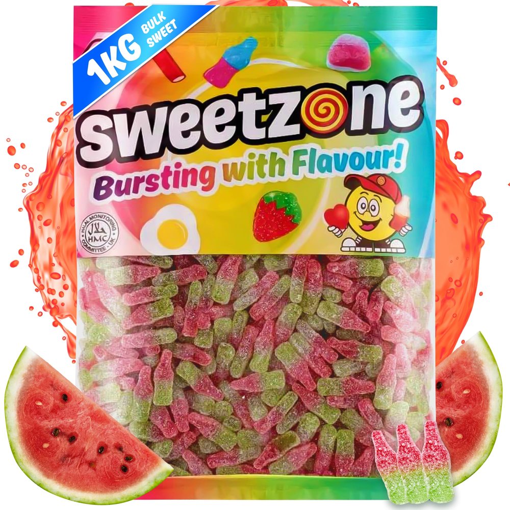 Sweetzone Watermelon Bottles, 1kg Bag of Sweets, Experience the Watermelon Sweet, Jelly Sweets and Chewy Candy, Mouthwatering Tangy Flavour for Halal Sweet for All Ages