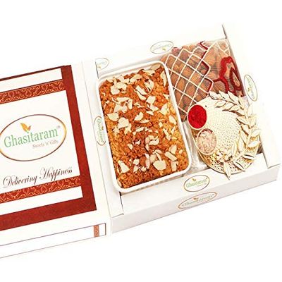 Ghasitaram Gifts Bhaidooj Gifts Bhaidooj Sweet - Milk Cake, Pooja Thali and Almonds Pouch