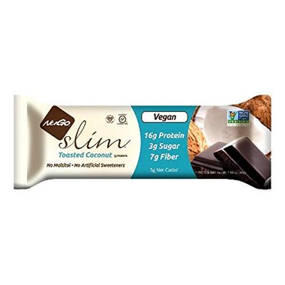 NuGo Slim Dark Chocolate Toasted Coconut, 16g Vegan Protein, 3g Sugar, 7g Fiber, 190 Calories, Low Net Carbs, Gluten Free, 12 C