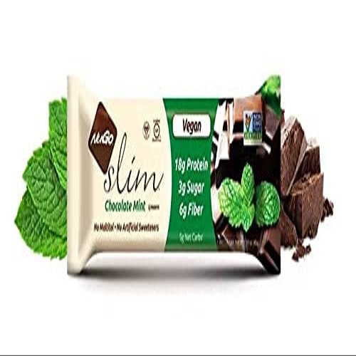 NuGo Slim Dark Chocolate Mint, 18g Vegan Protein, 3g Sugar, 6g Fiber, 180 Calories, Low Net Carbs, Gluten Free, 12 Count