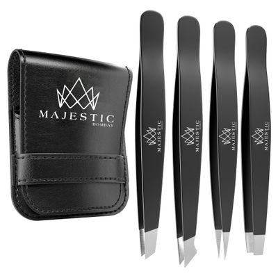 Majestic Bombay Fine Point + Slant Tweezers Precision, Needle Nose, Surgical Tweezers for Women & Men Splinter, Ticks, Facial, Brow & Ingrown Hair Removal
