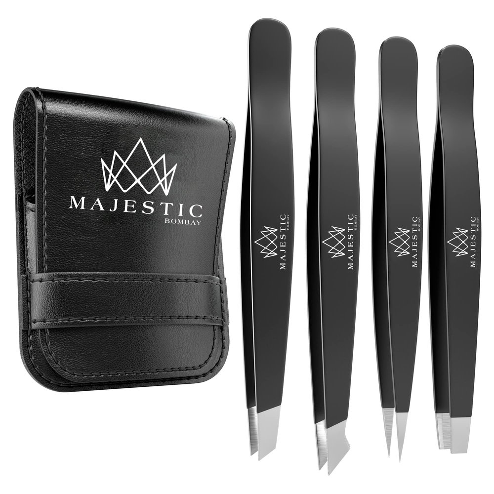 Majestic Bombay Fine Point + Slant Tweezers Precision, Needle Nose, Surgical Tweezers for Women & Men Splinter, Ticks, Facial, Brow & Ingrown Hair Removal