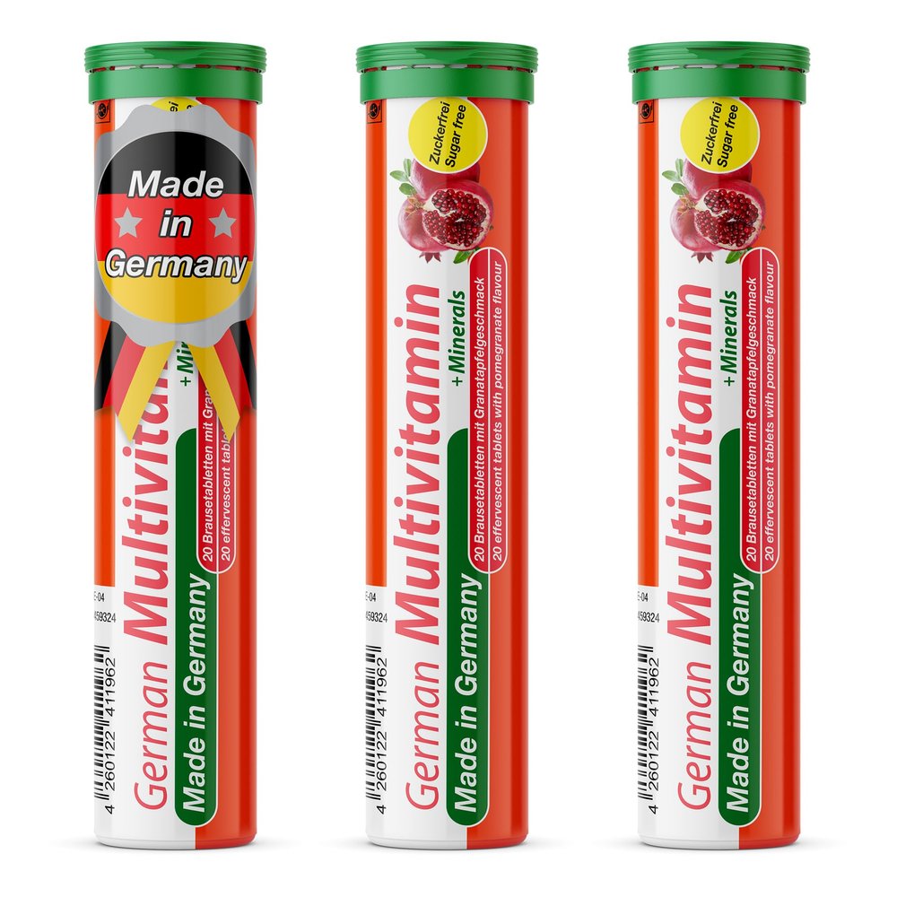 German Multivitamin + Mineralien Drink Effervescent Tablets 60 Servings Pomegranate Flavour  10 Vitamins + 2 Minerals  Made in Germany
