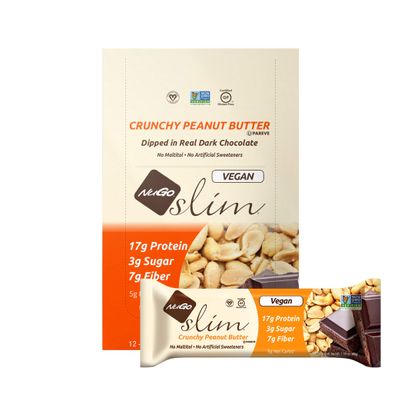 NuGo Slim Dark Chocolate Crunchy Peanut Butter, 17g Vegan Protein, 3g Sugar, 7g Fiber, 180 Calories, Low Net Carbs, Gluten Free, 12 Count