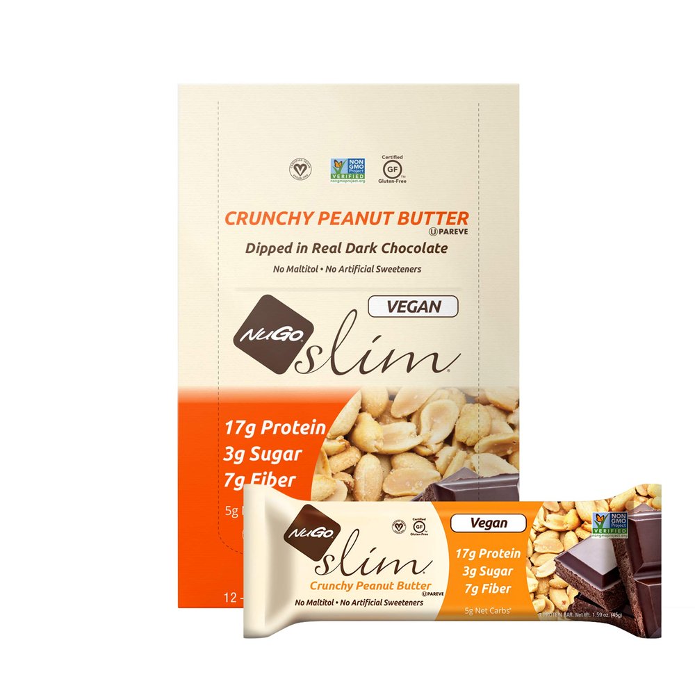 NuGo Slim Dark Chocolate Crunchy Peanut Butter, 17g Vegan Protein, 3g Sugar, 7g Fiber, 180 Calories, Low Net Carbs, Gluten Free, 12 Count