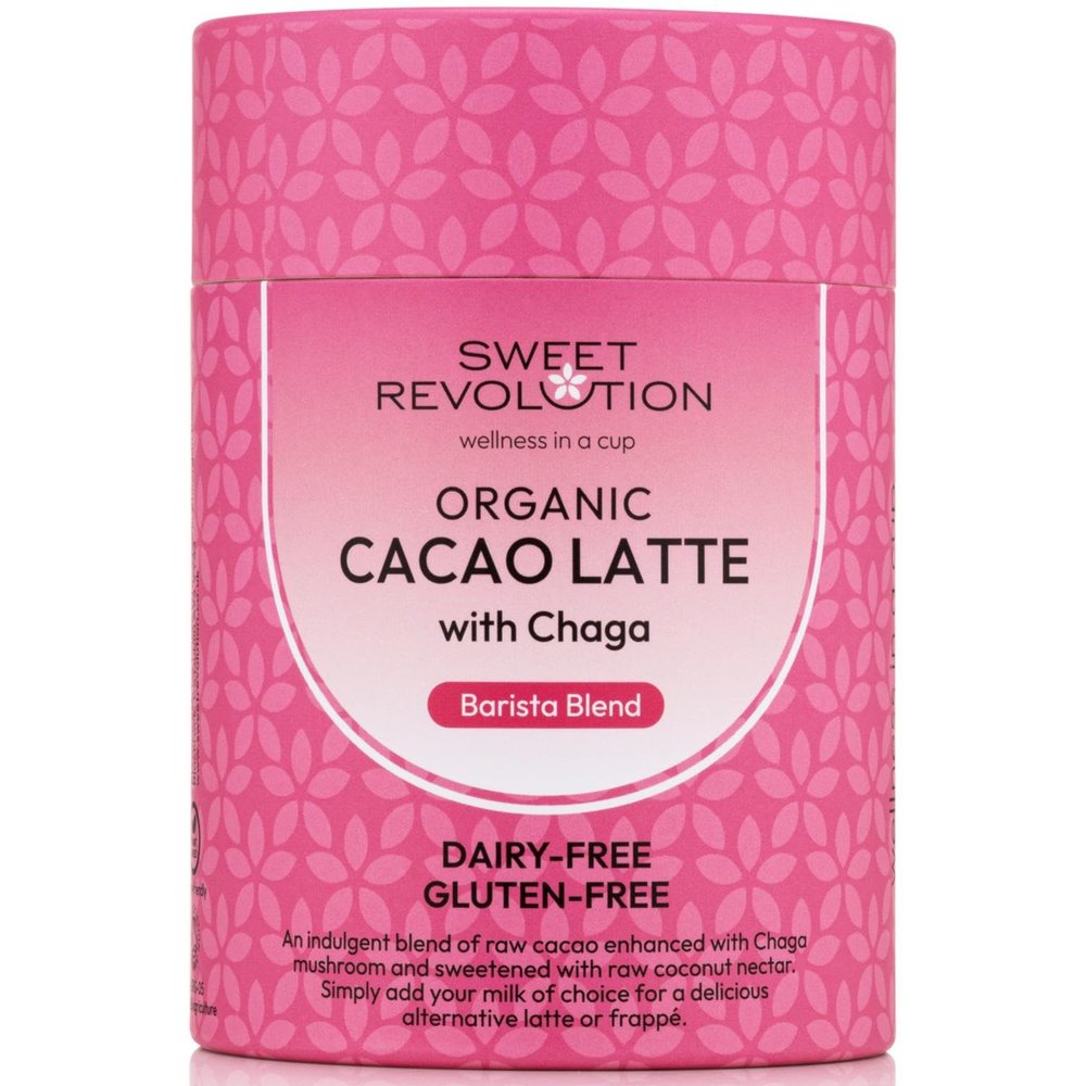 Sweet Revolution Organic Cacao Latte with Chaga Barista Blend (1 x 100g) tub. Gluten Free, Dairy Free, Refined Sugar-Free.