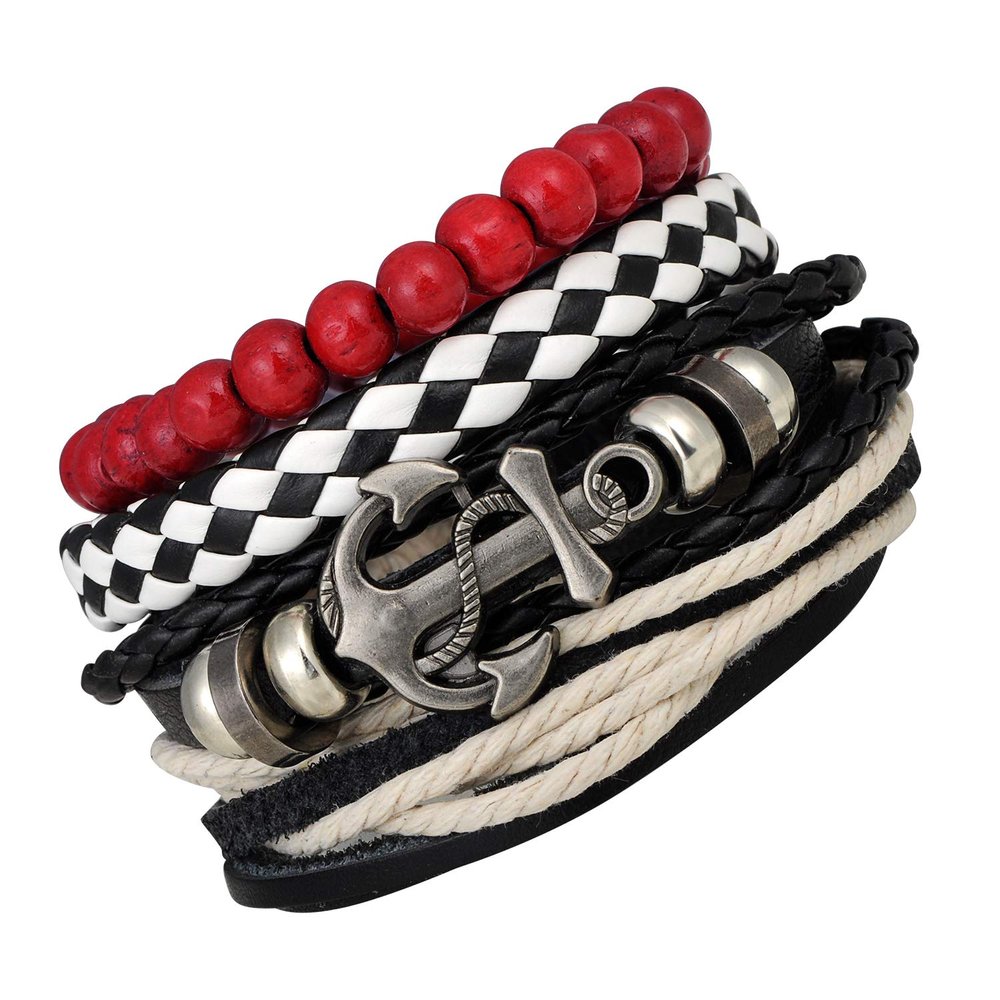 Feilok Mixed Wrap Braided Leather Wristbands Bracelets Wood Beads Bracelet Set Pack for Men Women